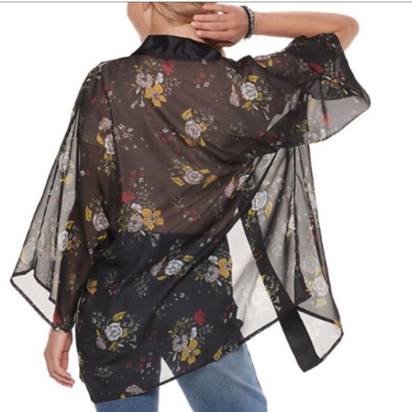 Sheer Kimono Robe Floral Open Front Cardigan Black Satin Tuxedo Women’s One Size - Picture 3 of 11